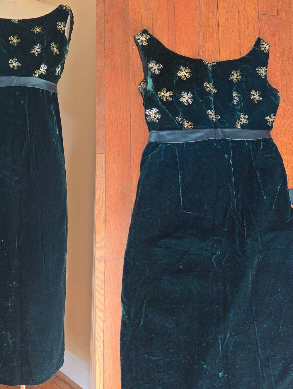 1980s green velvet floor length dress with satin ribbon, embroidery, metal zip